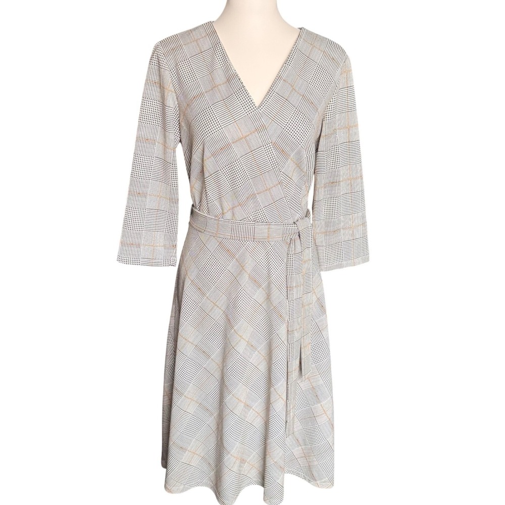 Shelby & Palmer Womens 16 Glen Plaid Faux Wrap Dress 3/4 Sleeve A-Line Belted